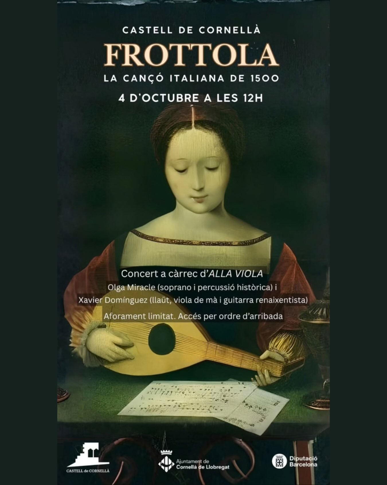 🇮🇹 La cançó italiana del 1500, un viatge a la música del Renaixement italià a través del cant i el llaüt amb un concert dedicat a la frottola🎶🎶

🎻 A càrrec d’ALLA VIOLA: Olga Miracle (soprano i percussió històrica) i Xavier Domínguez (llaüt, viola de mà i guitarra renaixentista)

El concert tindrà lloc el diumenge 4 d’octubre, a les 12h, en un ambient màgic com és el Castell de Cornellà✨ Aforament limitat. Entrada per ordre d’arribada. 

#cornella #cornelladellobregat #ajuntamentdecornelladellobregat #culturacornella @museuscornella