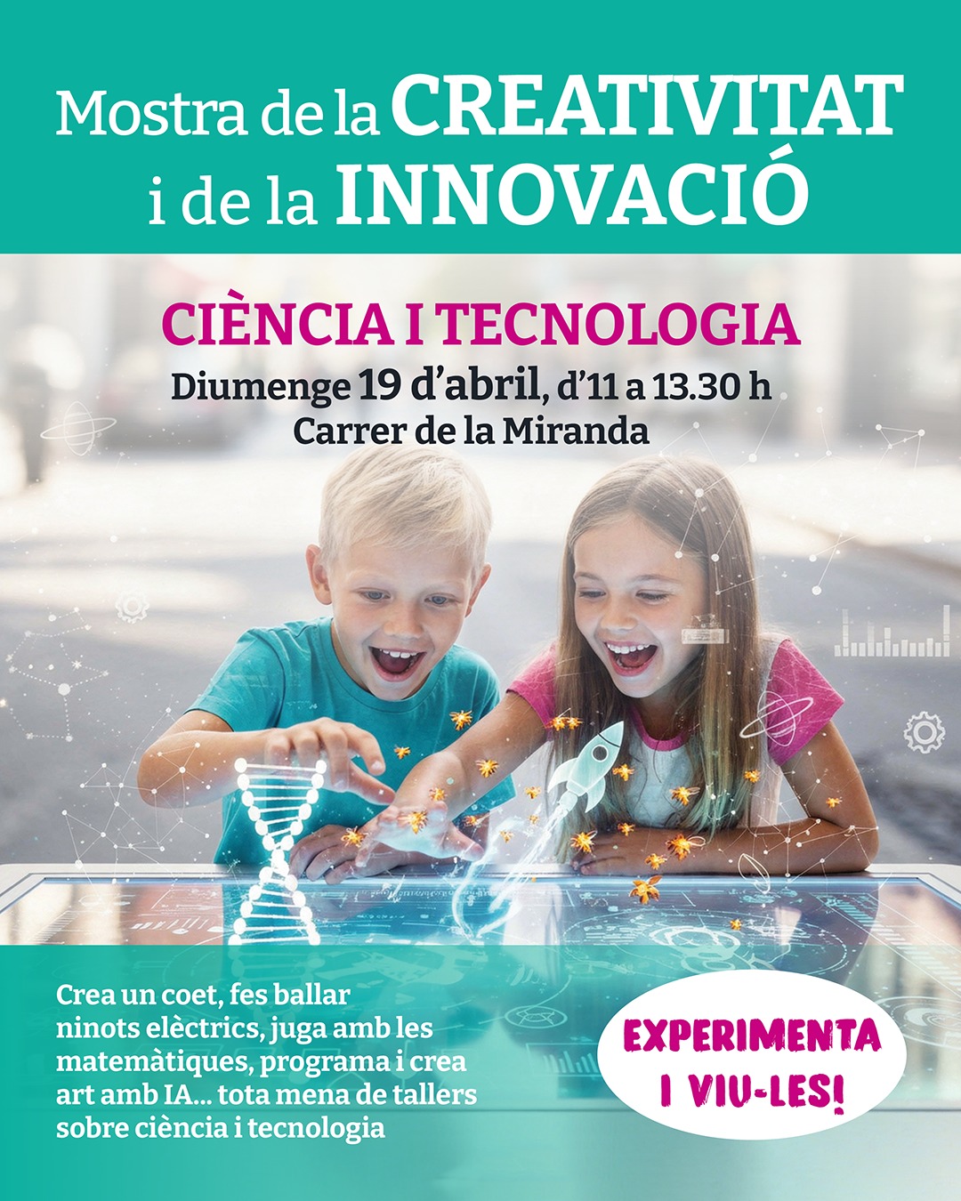 Vine a la Mostra de la creativitat i de la innovació! 🚀
Cornellà de Llobregat t'invita a una festa única on la ciència i la tecnologia prenen vida. 
El diumenge 19 d'abril, d'11 a 13.30 h, el carrer de la Miranda es convertirà en l'escenari perfecte per deixar volar la imaginació. 🎨

Què pots fer?
Crear coets amb les teves mans 🔬, moure ninots elèctrics 🤖, jugar amb les matemàtiques, programar i crear art amb intel·ligència artificial. Tot a través de tallers interactius pensats perquè descobreixes que la ciència és divertida.

Per a tota la família:
Activitat gratuïta pensada principalment per als infants, però amb sorpreses per a grans. 👨‍👩‍👧‍👦 Mentre els petits inventen, els adults gaudiran de l'ambient de festa i cohesió social que caracteritza Cornellà.

L'espai públic com a escenari: 🌟
El carrer de la Miranda, tancat al trànsit durant els caps de setmana, és el lloc ideal per compartir experiències amb la ciutat. Ja vam celebrar la Mostra de les Humanitats a Can Bagaria, i ara arriba el torn a la creativitat i la innovació. Més activitats similars vindran properament.

No et perdis aquesta oportunitat de viure la ciència en directe. 

📅Diumenge 19 d'abril. 📍Carrer de la Miranda, Cornellà de Llobregat. 

👉Tota la informació al web de queferacornella.cat 

#MostraCreatividat #InnovacióCornellà #Ciència #TecnologiaInfantil #FestaCornellà