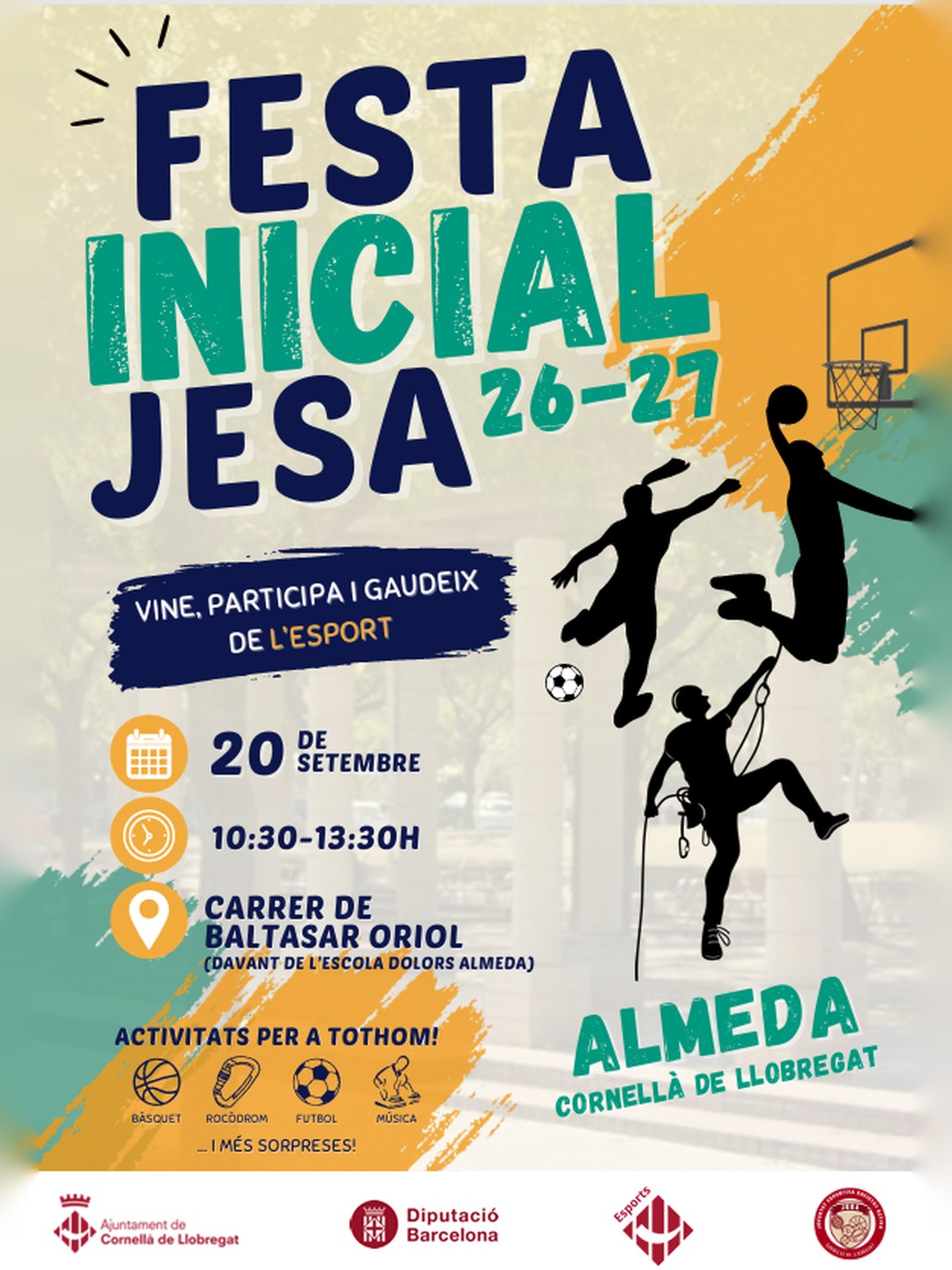 La Festa Inicial JESA 26/27 dona el tret de sortida a una nova temporada d’esport i activitats 🥳

📅 Diumenge 20 de setembre
⌚ De 10.30 a 13.30 h
📍 Carrer Baltasar Oriol, entre l’avinguda de Pablo Picasso i l’avinguda de la Porta Diagonal.

Durant el matí, podreu participar en diferents activitats esportives, com ara rocòdrom, futbolí humà i cursa interactiva, a més de moltes altres sorpreses.

🎶 La jornada estarà amenitzada per un DJ.

👉 L’esdeveniment forma part del Projecte transformador JESA – Joventut Esportiva, Societat Activa.

#queferacornella #cornelladellobregat #cornella #ajuntamentdecornella #JESA #esport #joventut