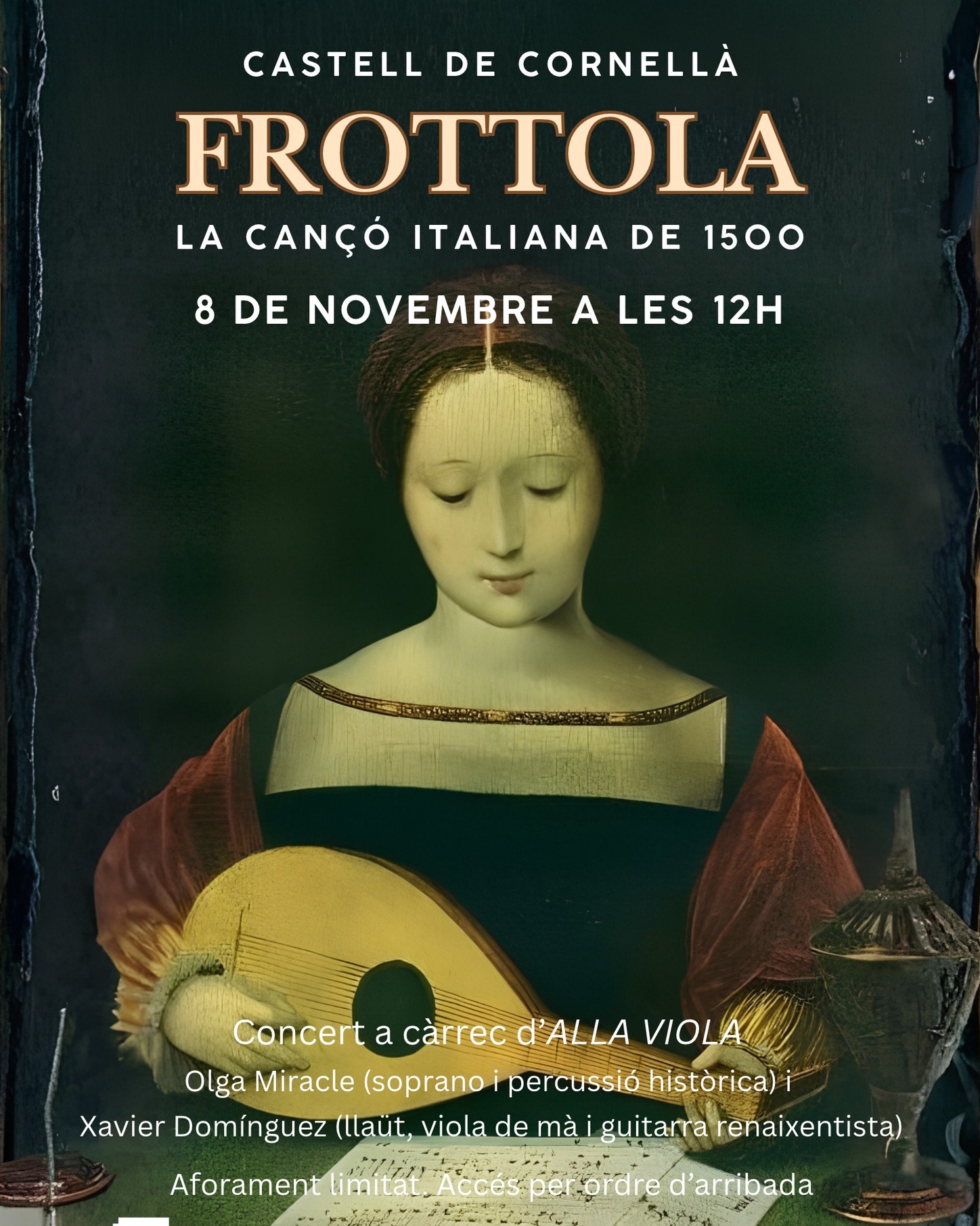 Un viatge musical al Renaixement italià al Castell de Cornellà! 🎶

El diumenge 8 de novembre, a les 12 h, el Castell de Cornellà acollirà «La cançó italiana del 1500», un concert que ens aproparà a la música del Renaixement italià a través del cant i el llaüt.

🎼 El programa està dedicat a la frottola, un gènere musical que va tenir una gran presència a la Itàlia del segle XVI.

🎻 El concert anirà a càrrec d’ALLA VIOLA, format per Olga Miracle, soprano i intèrpret de percussió històrica, i Xavier Domínguez, especialista en llaüt, viola de mà i guitarra renaixentista.

📅 Diumenge 8 de novembre
🕛 12 h
📍 Castell de Cornellà

🎟️ Aforament limitat. Entrada per ordre d’arribada.

👉 Vine a descobrir els sons del Renaixement italià en un dels espais patrimonials més emblemàtics de Cornellà. @museuscornella 

#CornellàDeLlobregat #CulturaCornellà #músicarenaixentista